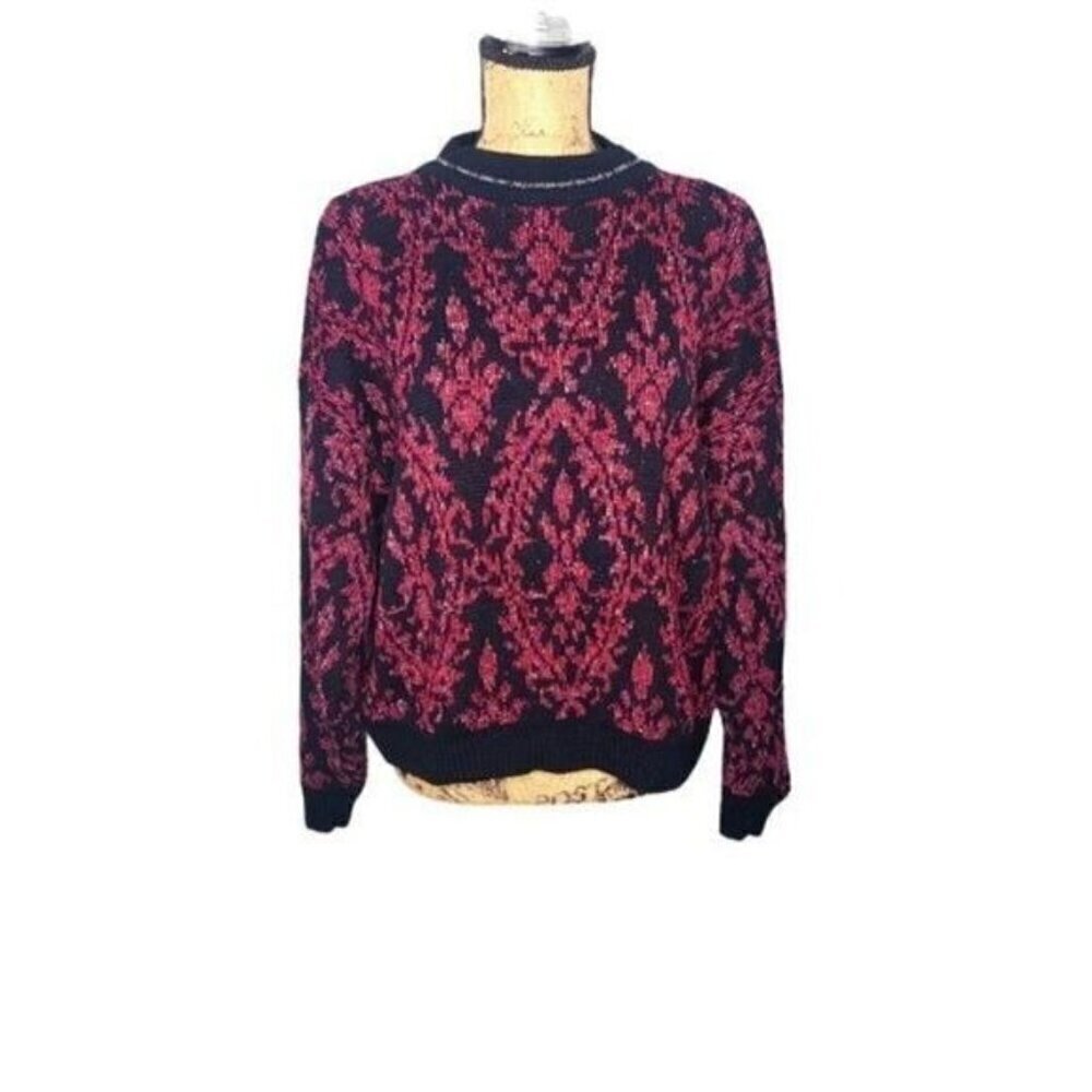 Vintage 80s Black Hot Pink Crewneck Lurex Hipster Sweater Abstract Punk